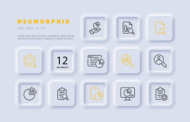 Data analysis set icon. Diagram, analytics, setup, website, clipboard, magnifier, search, profession, job. Infographic concept. Neomorphism style. Vector line icon for Business and Advertising