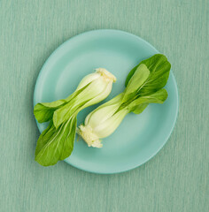 Bok choy in a turquoise plate  