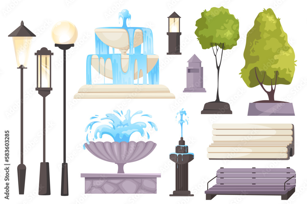 Aufkleber City park elements set graphic elements in flat design. Bundle of different types of street lamp and lanterns, fountains with water splashes, trees and benches. Vector illustration isolated objects