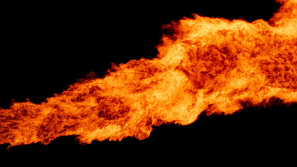 fire flame on black background. a realistic fire background. flame thrower close up. flames background