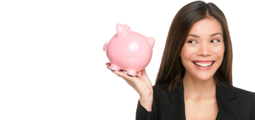 Deposit insurance and savings concept. Piggy bank savings woman smiling happy. Female business woman holding pink piggy bank isolated on white background.