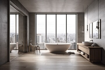 Interior of a contemporary, elegant bathroom with wooden floors, mock up location on concrete wall, window with city view, and daylight. design and idea of a hotel. Generative AI