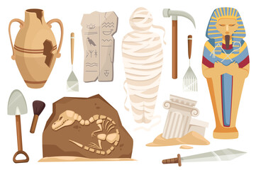 Archeology set graphic elements in flat design. Bundle of ancient broken vase, hieroglyphs plate, mummy, sarcophagus, dinosaur, shovel, pickaxe, brush and other. Vector illustration isolated objects