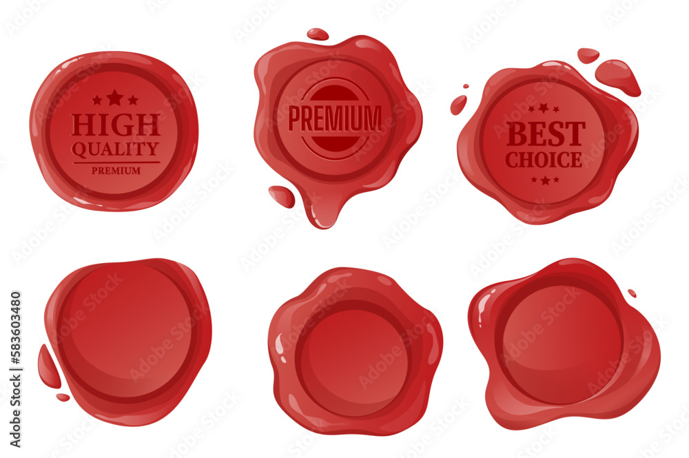 Leinwandbilder Wax seal set graphic elements in flat design. Bundle of red round shapes decorative seals with empty space or inscriptions, postage and mail sealing stamps. Vector illustration isolated objects
