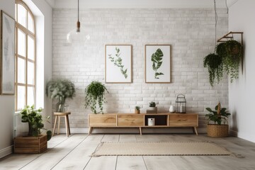 Fototapeta na wymiar Interior of a house that has been minimally decorated. with a seasonal plant at the corner and a white brick wall design. Generative AI