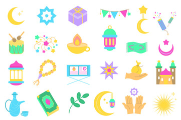 Ramadan set graphic elements in flat design. Bundle of crescent, star, garland, fireworks, drum, lantern, oil lamp, carpet, rosary, koran book, gift and other. Vector illustration isolated objects