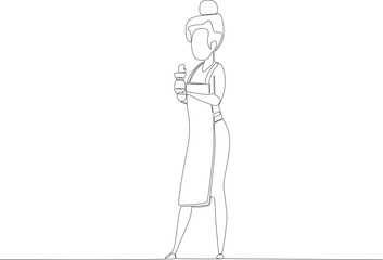 A female waitress takes orders. Coffee shop activity one line drawing