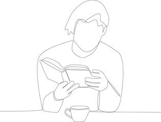 A man reading a book in a coffee shop. Coffee shop activity one line drawing