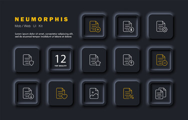 File set icon. Create, delete, configure, protect, favorites, download, paid information, image, liked. Online concept. Neomorphism style. Vector line icon for Business and Advertising