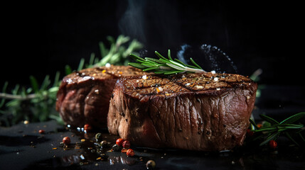 grilled beef fillet steaks with herbs and spices on dark background. Generative Ai