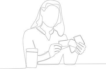 A woman playing a card in the coffee shop. Coffee shop activity one line drawing