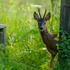 Naklejka na ściany i meble Closeup of an adorable roe deer peeking behind a tree in a beautiful natural scenery
