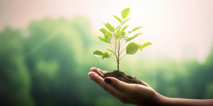 ESG concept: a person holding a large plant against a lush forest backdrop - Generative AI