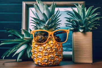 Unfilled picture frame with a silly pineapple wearing sunglasses. For montage in scrapbooks and photographs. Generative AI