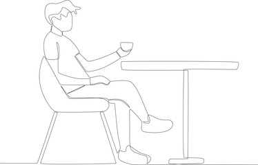 A man sitting relaxed with a cup of coffee. Coffee shop activity one line drawing