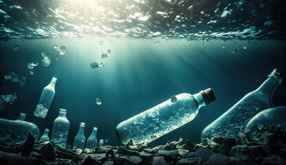 Plastic water bottles pollution in ocean. Generative Ai