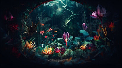 Fototapeta na wymiar surreal moody frame with vivid tropical plants.
