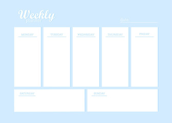 Template of personal plans for the week, weekly planner Trendy pastel blue cute colors minimalist design.	
