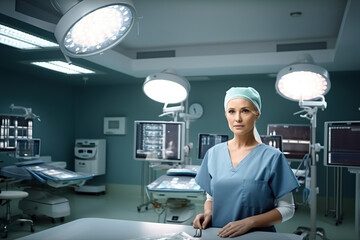Obraz premium wide-angle view of a cheerful female surgeon in a spotless surgical suite. Generative AI