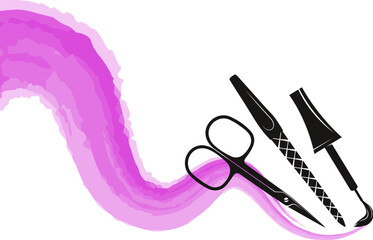 Smear of nail polish brush, scissors and nail file. Design for nail salon and manicurist