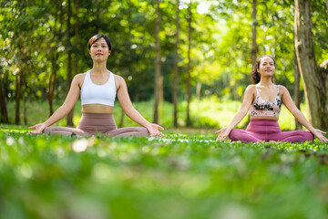 Fitness lifestyle and body healthy concept, Portrait of young Asian woman doing Yoga in the garden...