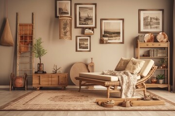 Oriental inspired living room design with a contemporary chaise longue, furnishings, rattan accents, a bamboo bookcase, chic personal items, and faux paintings on the beige wall. Generative AI