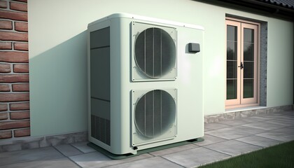 Air source heat pump installed in residential building, showcasing energy efficiency and eco friendly heating and cooling solutions. Sustainable technology for reduced carbon footprint. Generative AI
