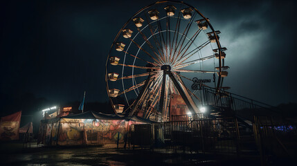 abandoned carnival with a ferris wheel on a cloudy night. Generative Ai - obrazy, fototapety, plakaty