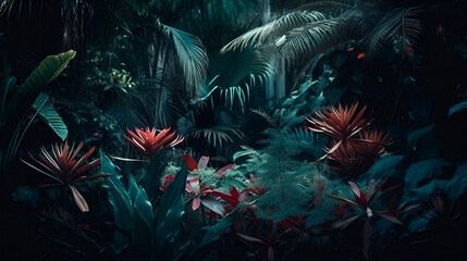 surreal moody frame with vivid tropical plants.