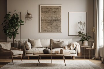 A pleasant apartment's stylish living room features a brown sofa, a coffee table, a bookstand, white macrame, and attractive accessories. idea in beige and japanese. staging a home today. Template
