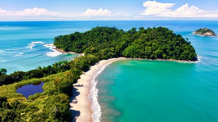 Scenic beach with white sand and green trees in the foreground in Costa Rica