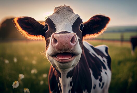 Happy cow with blurred background. Generative AI