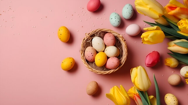 Easter celebration concept. Top view photo of colorful easter eggs small baskets bunnies yellow and pink tulips on isolated pastel background with copy space