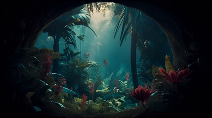 surreal moody frame with vivid tropical plants