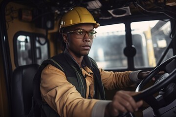 Young African American forklift driver at work. Generative AI - obrazy, fototapety, plakaty