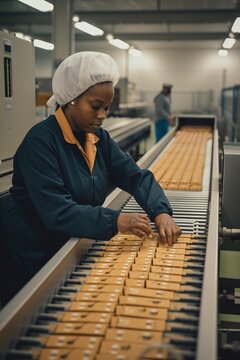 African American Woman Worker At Production Line In Factory. Generative AI Vertical Shot