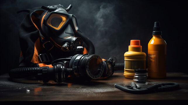 Diving equipment on dark background. Generative Ai