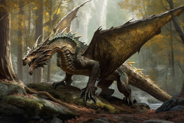 Giant medieval dragon with large wings and four feet in the forest. Generative Ai