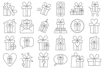 Gift. A simple gift set of Linked vector line icons. Contains icons such as a gift card, a real offer. Gift boxes.
