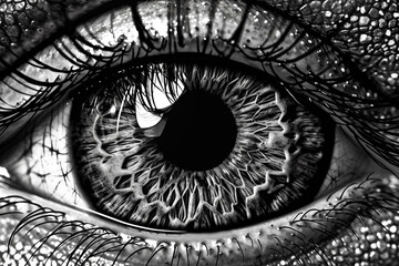 Black And White Eye. Photographic Close Up View Of An Iris With Big Iris. Generative AI