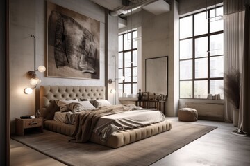 loft bedroom with luxury and light. Brown interior with white ceiling. a quilted headboard, and three mock poster style paintings above him. The carpet with gray stripes and the wooden floor