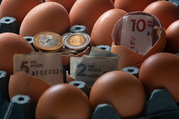 Coins and Colombian money in eggs