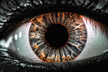 Close Up View Beautiful Eye With Flaming Iris. Generative AI