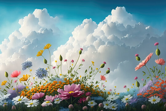 field of flowers and fluffy clouds, ai generated