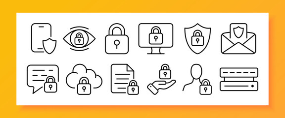 Protection set icon. Private information, vindication, bulwark, advocacy, password, antivirus, hacker, two factor protection, shield, lock, defense. Security concept. Vector line icon for Business