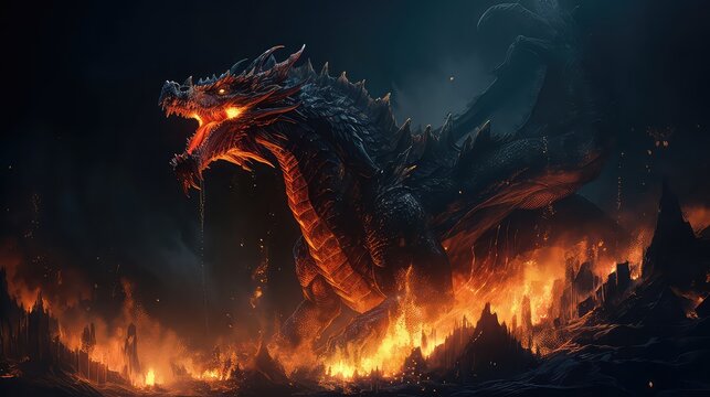 Fire breathes explode from a giant dragon in a black night. Generative Ai