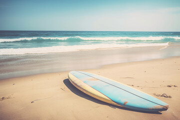 Vintage Surfboard on Calm Beach - A perfect summer vacation background featuring a surfboard on sandy tropical beach with a calm sea and sky background - Generative AI technology