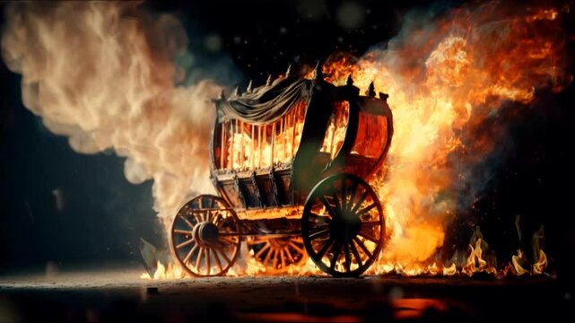 old chariot burning in fire flames 