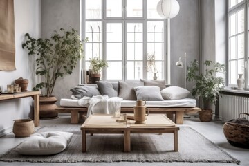 Gray sofa, wooden coffee table, cube, pillows, flowers, cotton carpet, and exquisite accessories are featured in this stylish and modern living room. Elegant interior design. Template. walls of gray