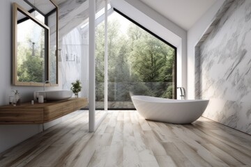 Fototapeta na wymiar Bathroom interior with white walls, a loft window, a wooden floor, and an angular tub made of marble. a mockup. Generative AI